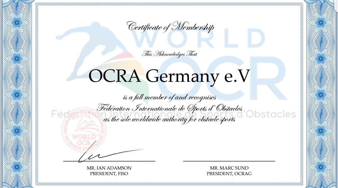 Zertifikat zur Anerkennung der OCRA Germany durch die FISO